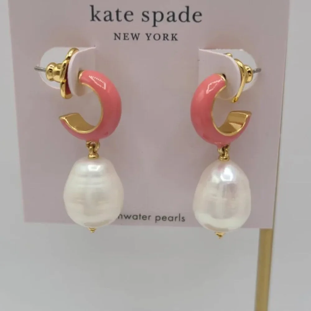 Kate Spade Pink Enamel Huggie Stud Hoop with Peal Dangle NWT! NEW!